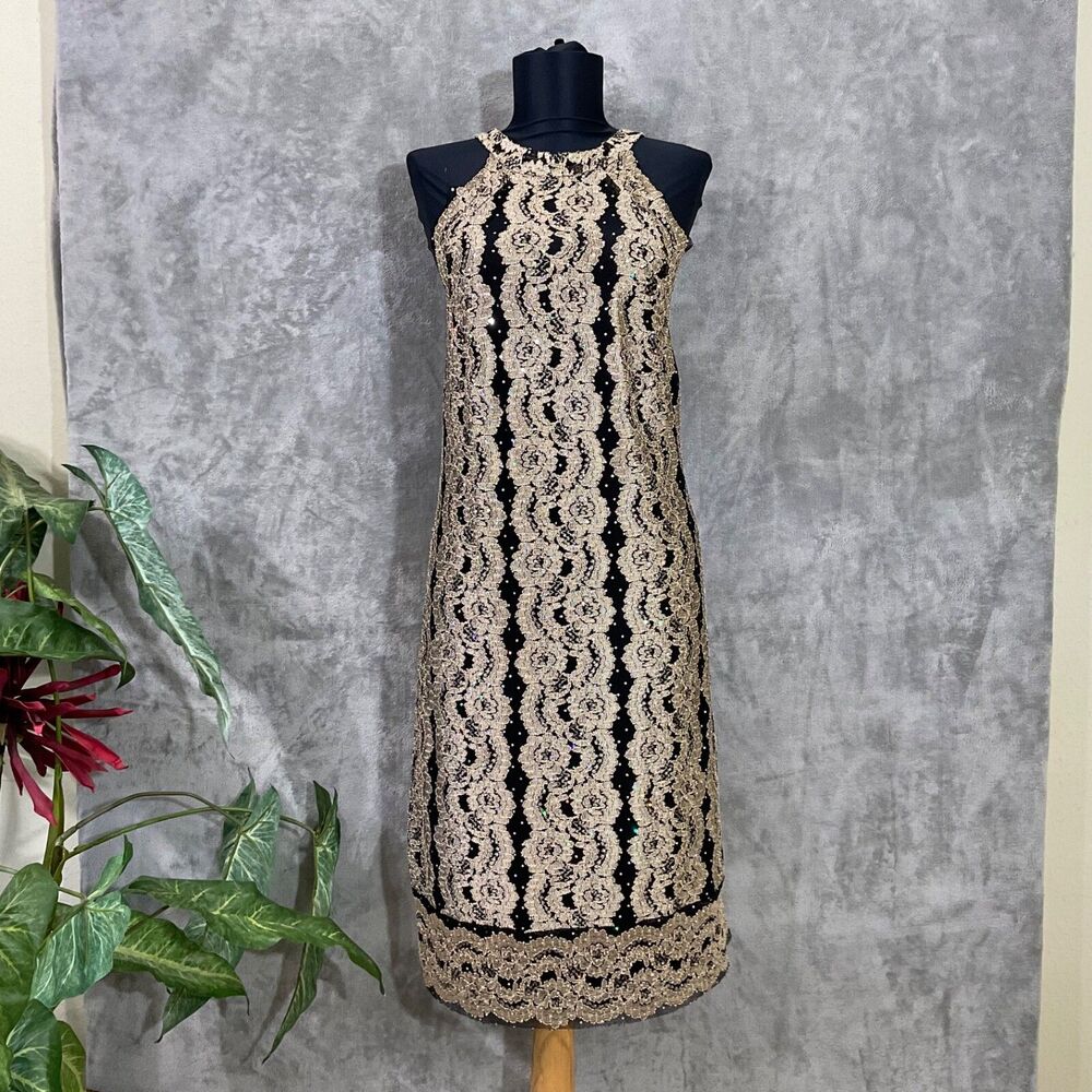 Vtg. Joseph Ribkoff Cocktail Party Halter Dress Size 10 Black gold Metallic